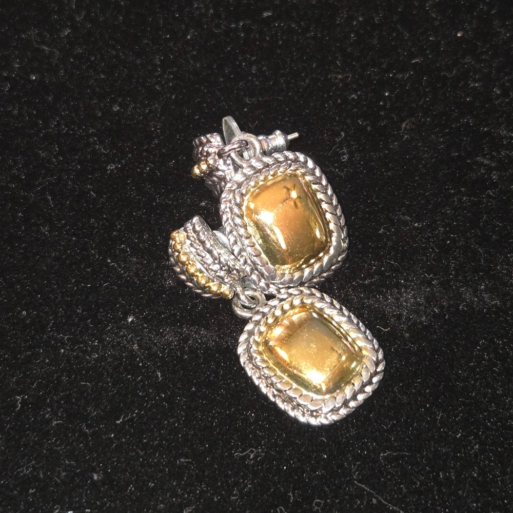 Napier Two Tone Silver Gold Textured Rope Border Rectangular Drop Earrings